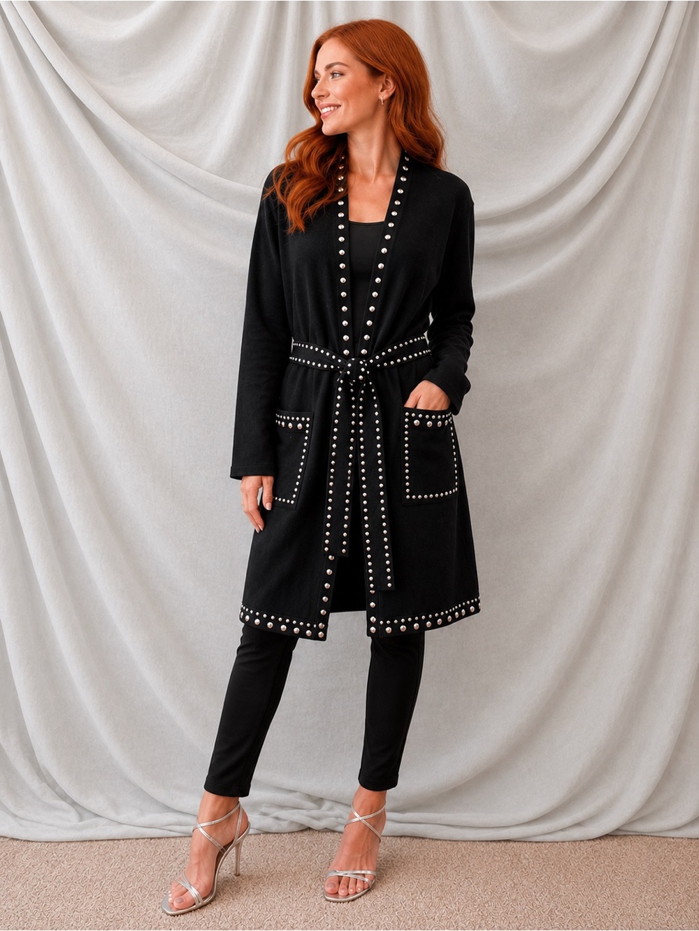 INC International Concepts Black Open Front Cardigan with Studded Trim